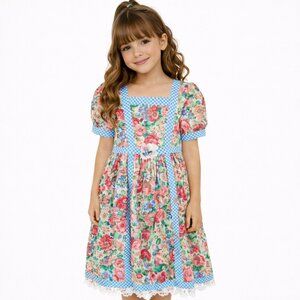 VTG Girls Gingham Plaid Floral Short Sleeve Dress Party Easter Cottage Retro 90s